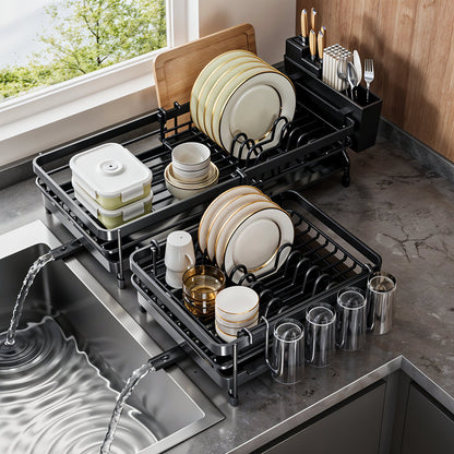 Adjustable Multi-Functional Dish Drainer Rack for the Kitchen, Wrought Iron Kitchen Utensil Rack, Large Capacity Storage Organiser with Drain Board, Utensil Rack, and Cup Hooks, Foldable Design to Save Space, Ideal for Drying Plates, Bowls, Pots, and Uten