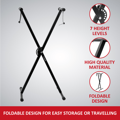 X-Frame Keyboard Stand - Height Adjustable Single/Double Braced for Keyboards, Synthesisers and Digital Pianos - Black