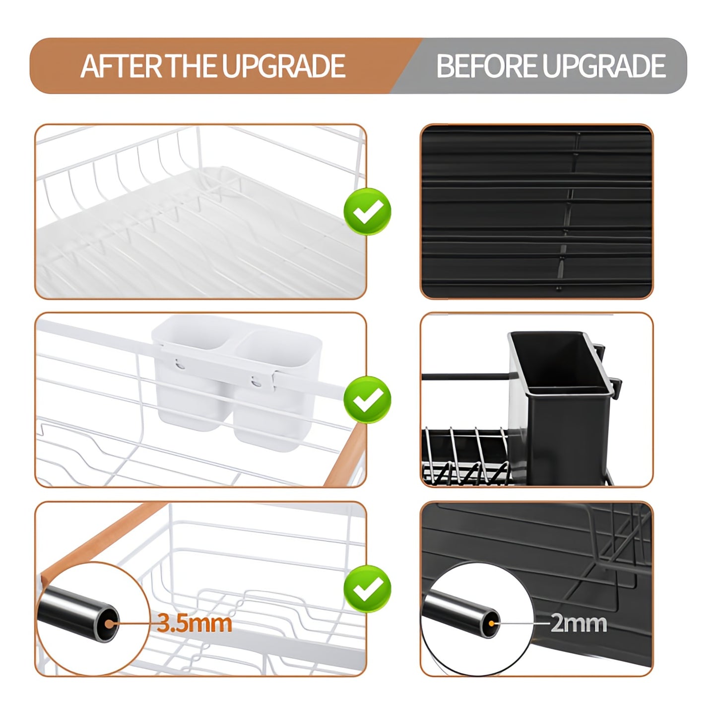 Dish Drainer Rack with Removable Drip Tray - Large Space Saving Kitchen Drying Rack for Plates, Bowls & Cutlery Metal Frame with Wooden Handles (BLACK)