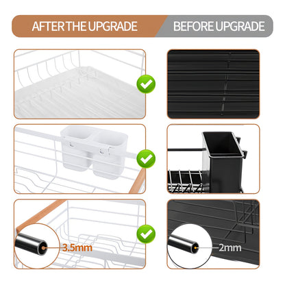 Dish Drainer Rack with Removable Drip Tray - Large Space Saving Kitchen Drying Rack for Plates, Bowls & Cutlery Metal Frame with Wooden Handles (BLACK)