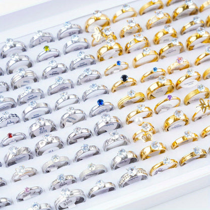 20 Fashionable Classic Rhinestone Stainless Steel Rings for Women and Men, Simple Shiny Colorful Finger Jewelry, Wedding Party Gift