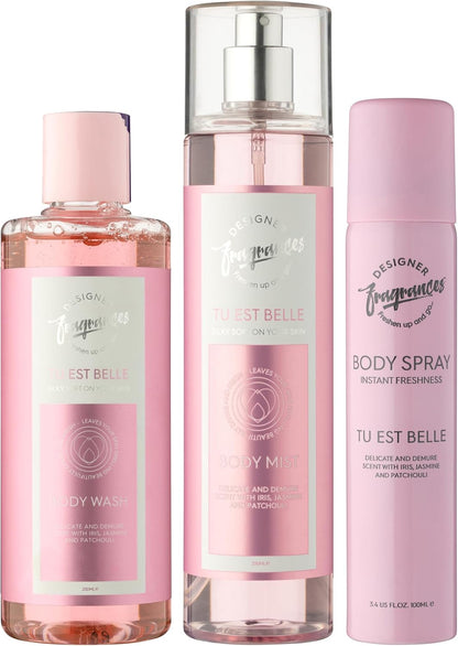 Designer Fragrances 3 Pack Tu Est Belle Bundle - Women'S Feminine Body Wash, Deodorant Body Sprays & Mist Sprays - For Instant Freshness, Silky Soft, Beautifully Smelling Fresh Skin, Revitalizing