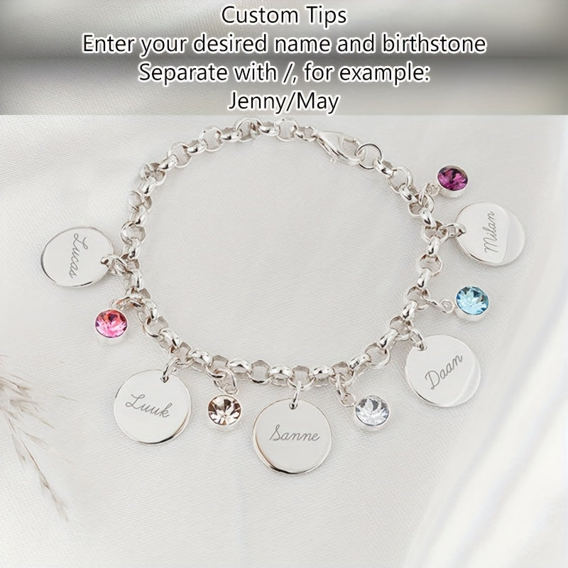 Self-Defined 1-6 Family Name and Birthstone Women's Fashion Bracelet, Personalized Custom Initial Letter and Birth Month Stone Women's Bracelet, 18K Gold Plated Golden-Plated 304L Stainless Steel Durable Material, Accessory Suitable for Daily Casual