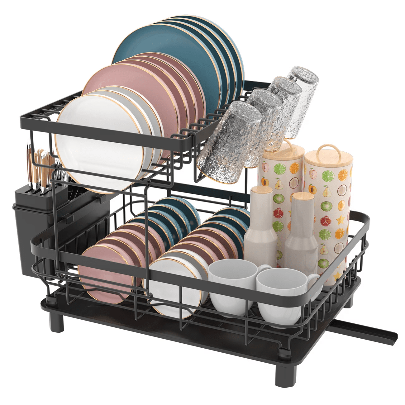 2 Tier Dish Drainer Rack Black Kitchen Counter Dish Storage Rack with Drip Tray Utensil Holder