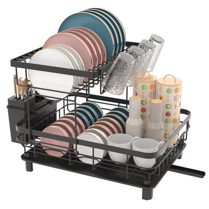 2 Tier Dish Drainer Rack Black Kitchen Counter Dish Storage Rack with Drip Tray Utensil Holder