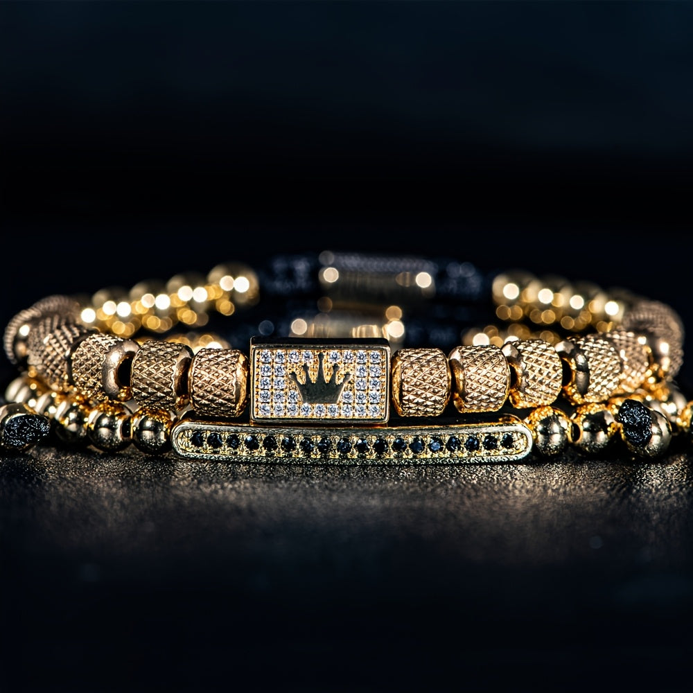 2pcs/Set Charming Bracelet Men'S 6Mm Mesh Bead Bracelet Bead Matching Square Micro-Pave Crown Men'S Bracelet Set