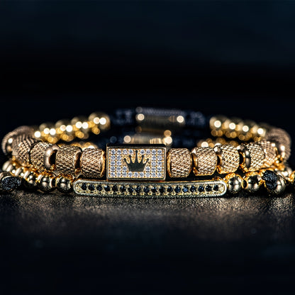 2pcs/Set Charming Bracelet Men'S 6Mm Mesh Bead Bracelet Bead Matching Square Micro-Pave Crown Men'S Bracelet Set