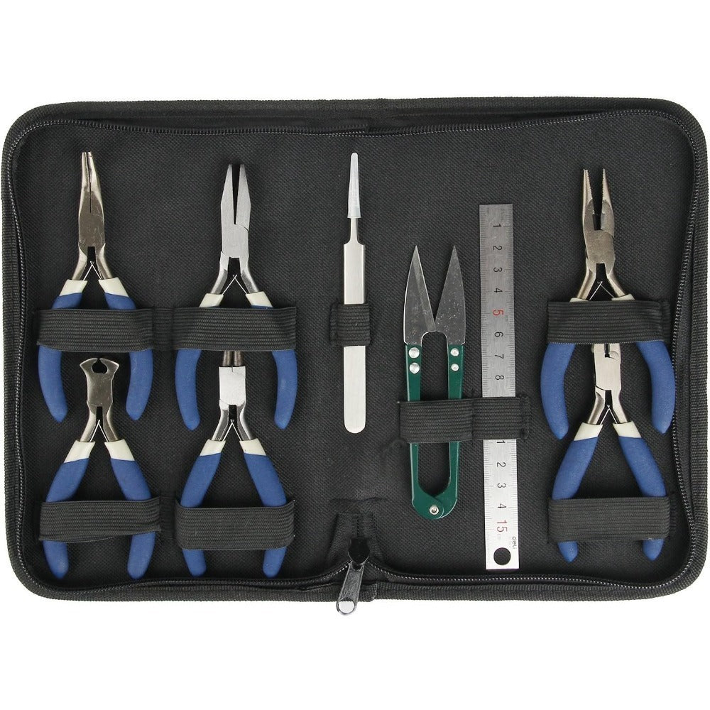 Jewellery Making Pliers Set 9 Piece Carbon Steel Tool Kit with Zipper Case Round Nose Long Nose Bent Nose Flat Nose Diagonal Cutters Scissors Tweezers Ruler for Beading Necklace Craft