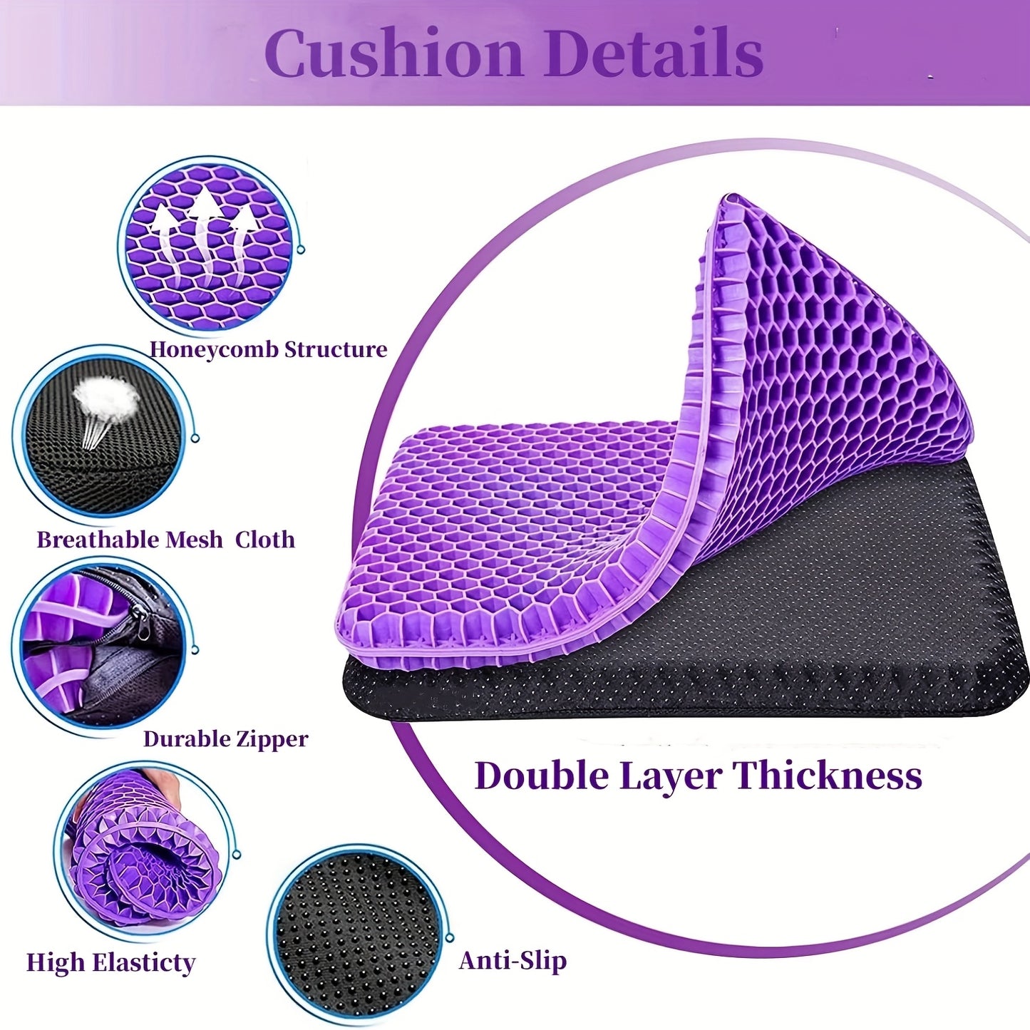 Gel Seat Cushion, Double Thick Breathable Seat Cushion Cool Gel Cushion Honeycomb Design, Breathable Lumbar Cushion with Non- Slip, Gel Cushion for Home Office Chair Car Wheelchair