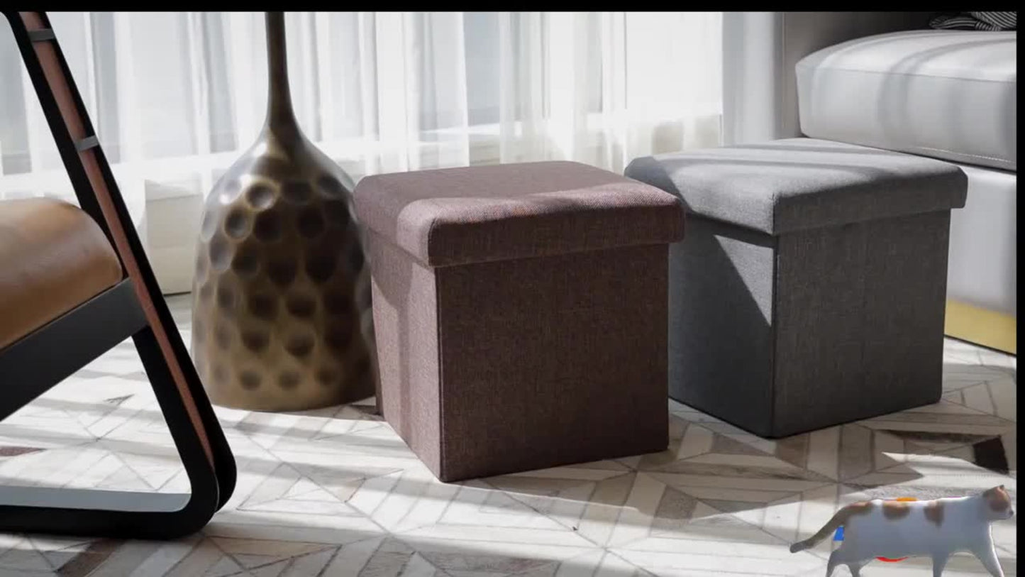 Grey Cotton Linen Storage Ottoman Stool | Foldable Toy & Clothes Organiser | Living Room Bedroom Study Footrest Seat | Fabric Storage Box with Lid
