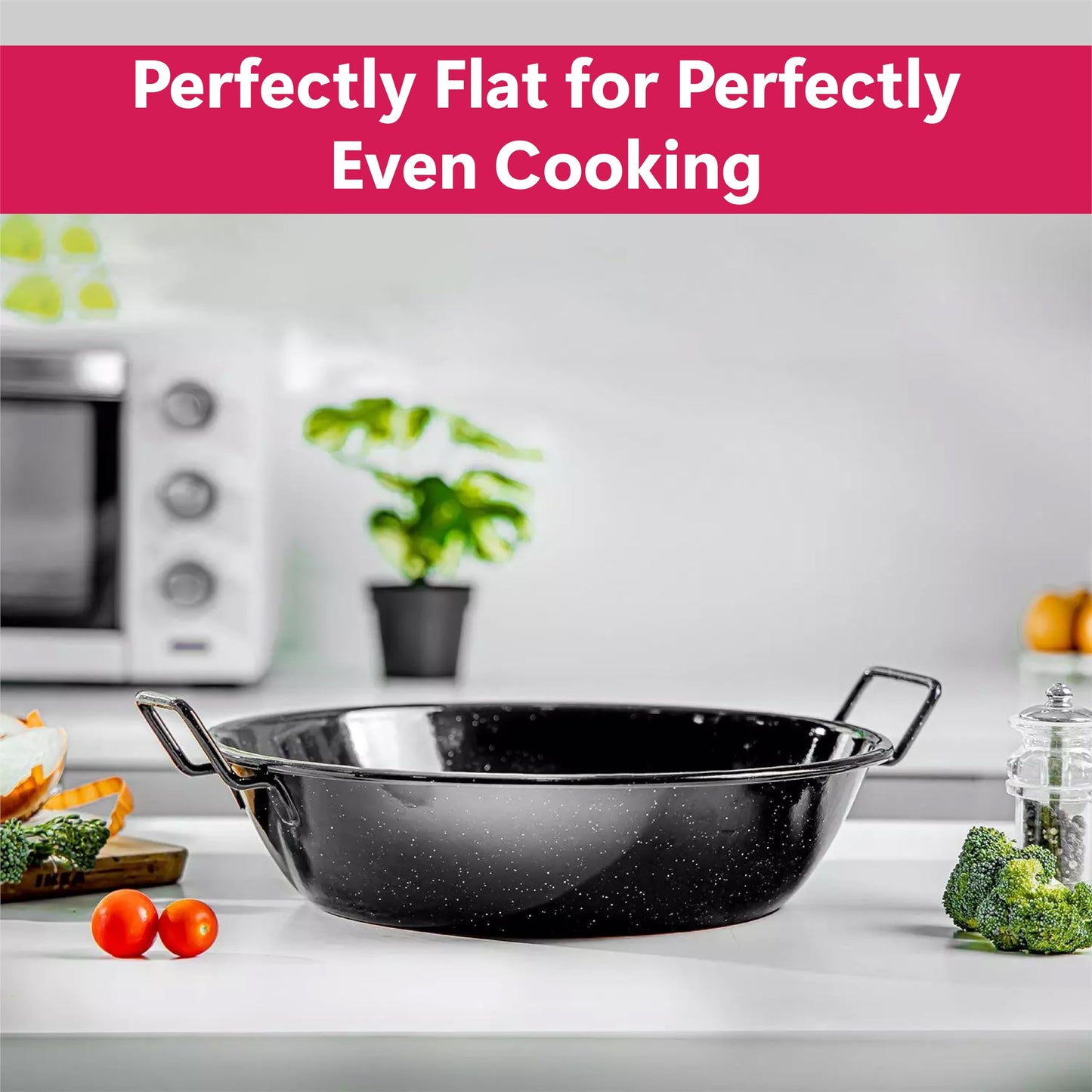 STL Enamel Wok Pan Kadhai with Raised Handles, Induction Safe, Flat Base for Even Heat Distribution, Heavy Duty Karahi for Shallow & Deep Frying, Black White Dots Design