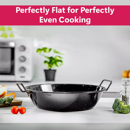 STL Enamel Wok Pan Kadhai with Raised Handles, Induction Safe, Flat Base for Even Heat Distribution, Heavy Duty Karahi for Shallow & Deep Frying, Black White Dots Design