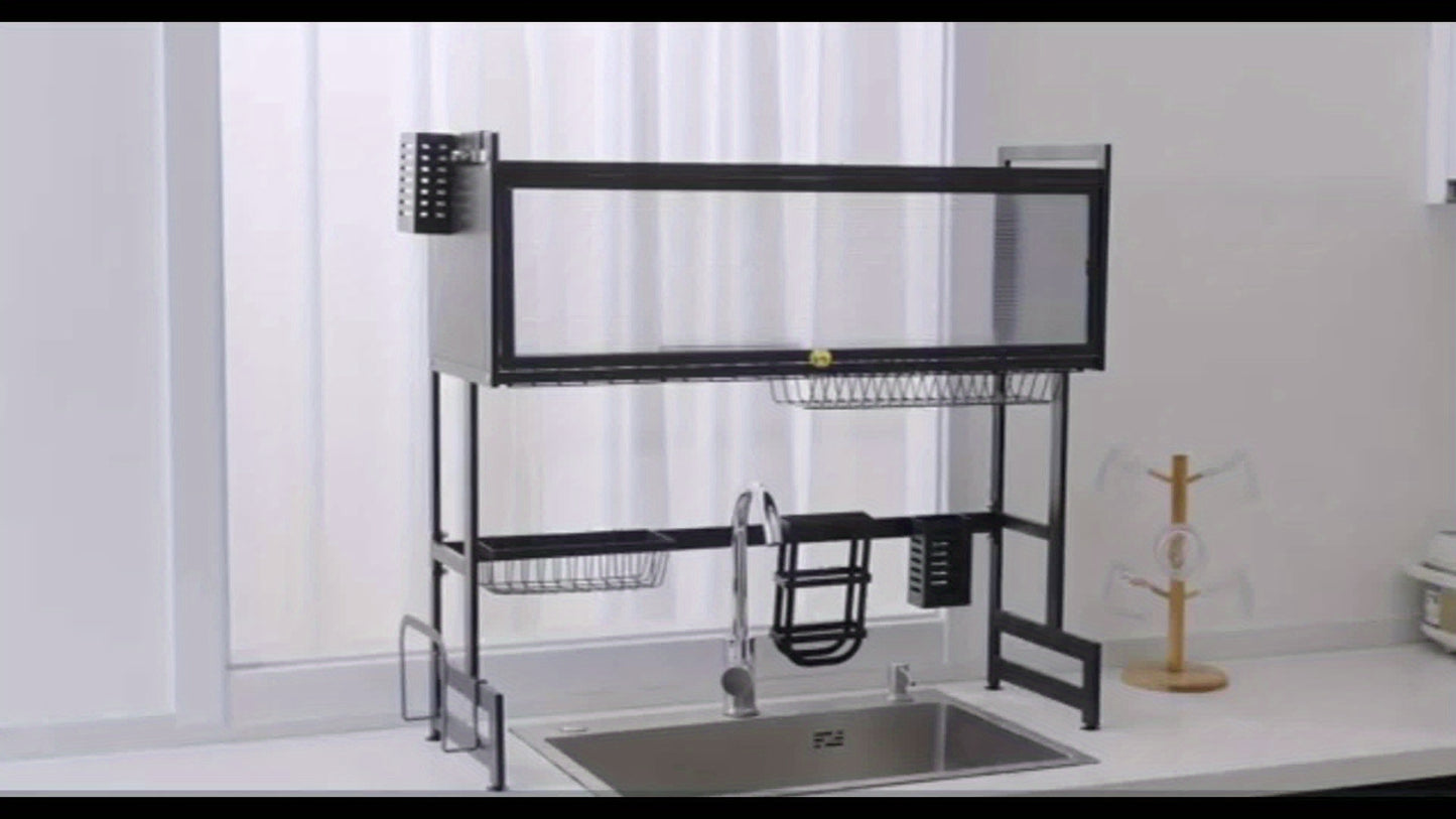 Over Sink Dish Drying Rack, Sink Dish with Fruit Basket, 3 Tier Drainers Large Dish Drying Rack, Adjustable Large Drainer Rack, Storage Shelf with Utensils Holder, for Drying Bowls Plates Cups (85cm)