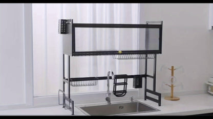 Over Sink Dish Drying Rack, Sink Dish with Fruit Basket, 3 Tier Drainers Large Dish Drying Rack, Adjustable Large Drainer Rack, Storage Shelf with Utensils Holder, for Drying Bowls Plates Cups (85cm)