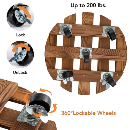 Wooden Plant Caddy with Wheels 30cm Round Pack of 2 – Rolling Plant Stand with Lockable Caster Wheels, Heavy Duty 200lb Capacity, Indoor Outdoor Garden Pot Dolly, UK Stock