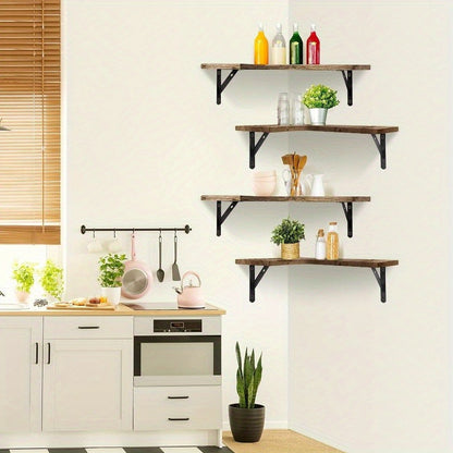4 Tier Wooden Floating Shelves Wall Mounted Storage Rack L Shape Corner Shelf Versatile Home Kitchen Bathroom Bedroom for Books, Crafts, Festival Ornament, Toiletries Display Holder Decorative Stand