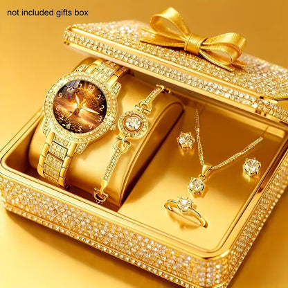1pc Round Dial Elegant Business Minimalist Luminous Quartz Watch And 5pcs Jewelry Wedding Anniversary Gift Corporate Event Staff Gift High-End Business Women'S Daily Wear And Gift Occasions Perfect Choice Birthday Gift And Holiday Party Gift for Wom