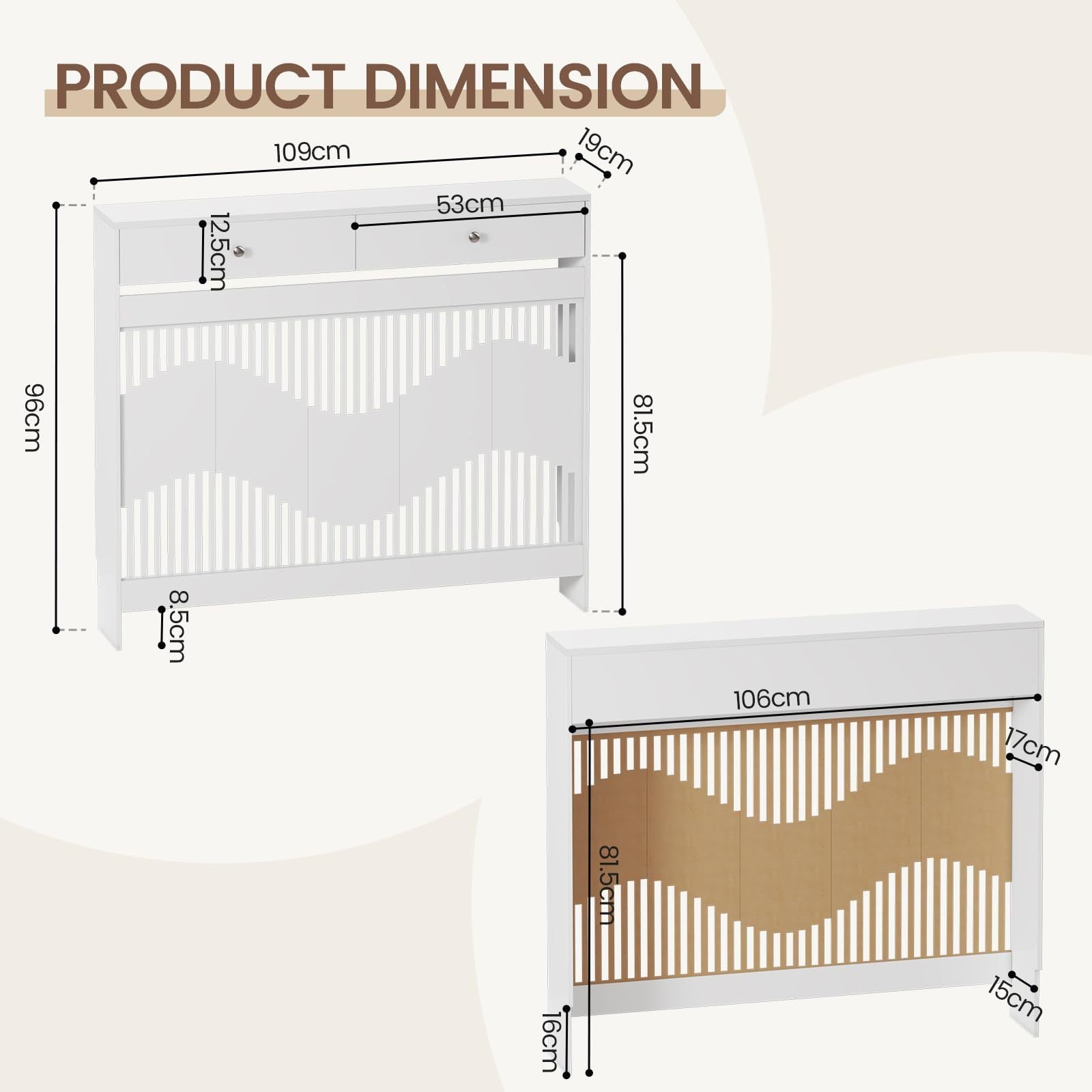 Radiator Cover with 78cm, 109cm, Wood, White MDF Drawers Storage Modern Contemporary