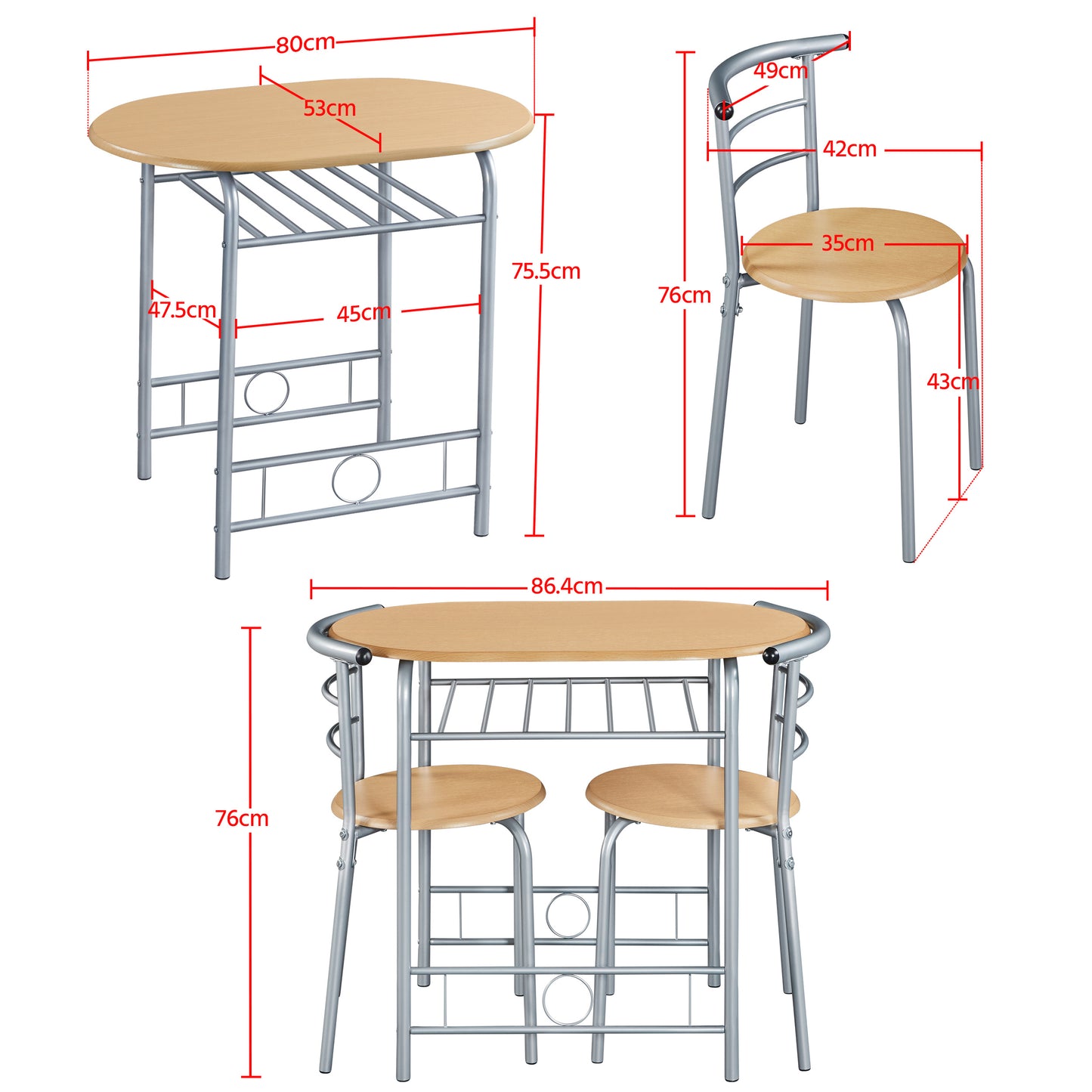 Costoffs 3 Piece Dining Table Set Modern Kitchen Table Set Space Saving Table and 2 Chairs Set with Steel Legs/Storage Rack for Kitchens/Balconies/Bedrooms/Apartments/Cafés, Natural/Drift Brown/White