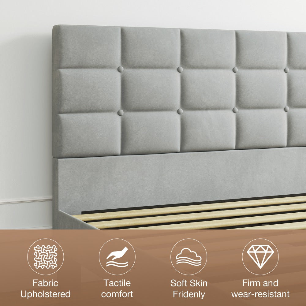 Velvet Bed Frame with Headboard & Wooden Slats | No Box Spring | No Pillow Gap | 30-Min Tool-Free Assembly | Single Double King Super King | Light Grey Platform Bed