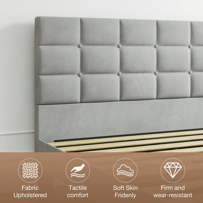 Velvet Bed Frame with Headboard & Wooden Slats | No Box Spring | No Pillow Gap | 30-Min Tool-Free Assembly | Single Double King Super King | Light Grey Platform Bed