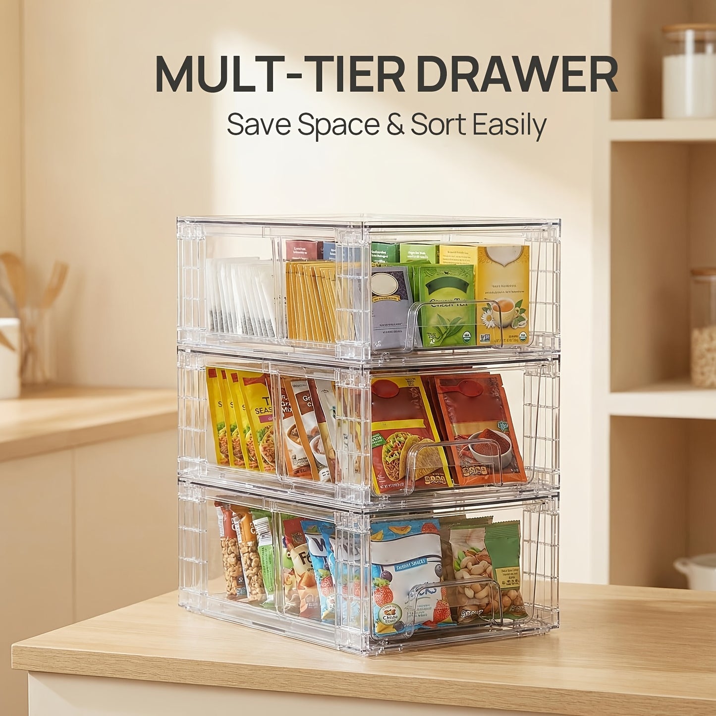 4 Pack Stackable Storage Drawers, Refrigerator Organizer, Clear Acrylic Drawer Organizers with Handles, Easily Assemble Containers for Fridge, Bathroom, Kitchen Undersink, Cabinet, Pantry Organization And Storage