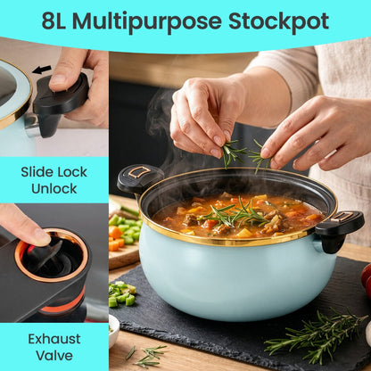 Large Capacity 8L Stew Pot with Lock Lid, Stock Pot for Braising, Soups, Stews, and Bread Baking, Induction Compatible, Oven & Stovetop Safe Kitchen Serving Essential