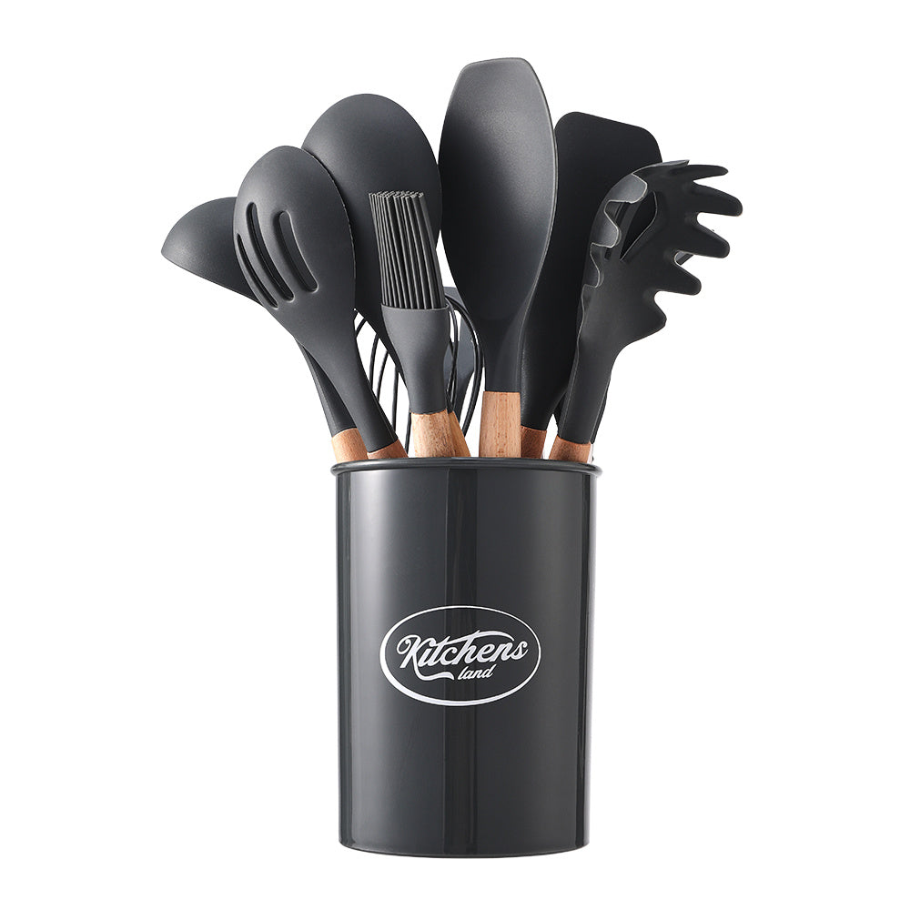 Kitchen Utensil Set, 11pcs Silicone Cooking Utensils Set With Wooden Handle, Nonstick Cookware Tongs Spatula Spoon Set, Best Kitchen Tools, Valentine'S Day Gifts Black, Holiday Gift Guide