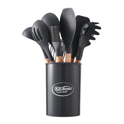 Kitchen Utensil Set, 11pcs Silicone Cooking Utensils Set With Wooden Handle, Nonstick Cookware Tongs Spatula Spoon Set, Best Kitchen Tools, Valentine'S Day Gifts Black, Holiday Gift Guide