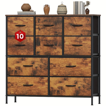 10-Drawer Dresser with Metal Frame & Fabric Drawers – MDF Top, Adjustable Legs & Anti-Tip Safety for Bedroom, Closet, Living Room & Office