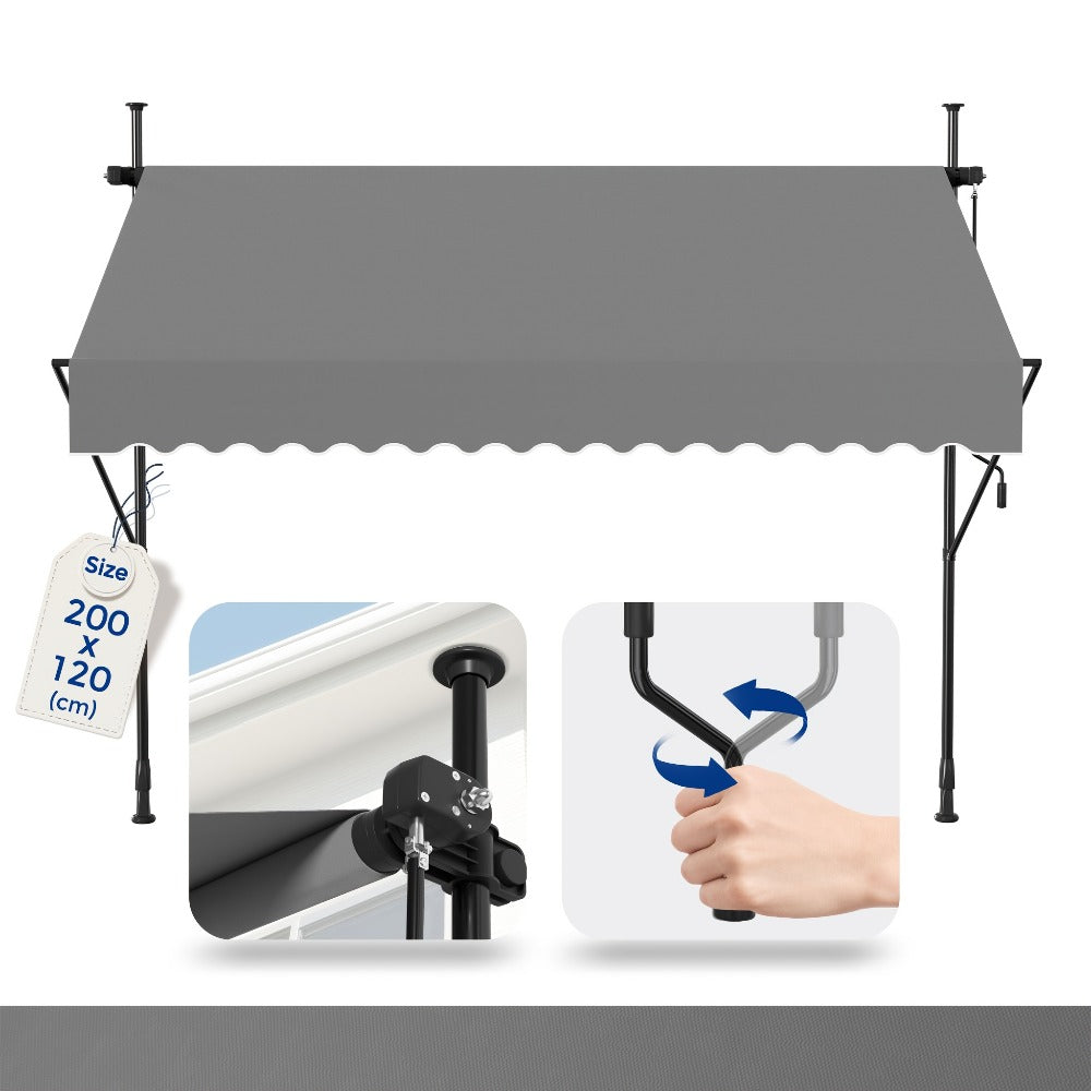 Retractable Awning 200x120cm Hand Crank | No Drilling Clamp Fit | UV Resistant 180g/m² PU Coated | 0-90° Tilt Height 1.75-3m | Patio Balcony Sun Shade | 4 Colours
