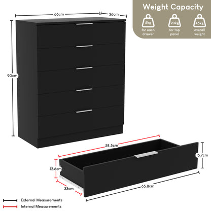 Vida Designs Trega 5 Drawer Chest Of Drawers Space-Saving Storage Smooth Glide Drawers Bedroom Furniture