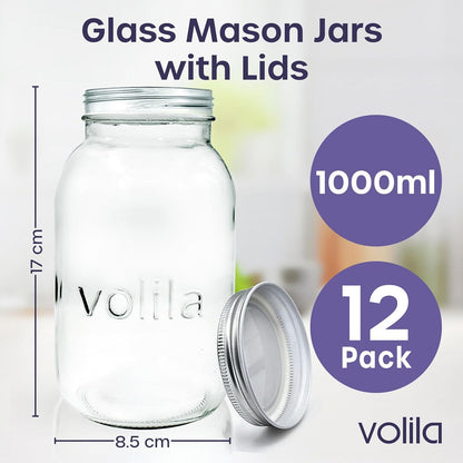 Mason Jars With Lids - 1 Litre Leakproof Glass Jars with Lids. Labels, Pen and Sponge - 12 Pack Large Mason Jar as Preserving Jars, Salad Jars, Overnight Oats Jar, and Pickling Jars