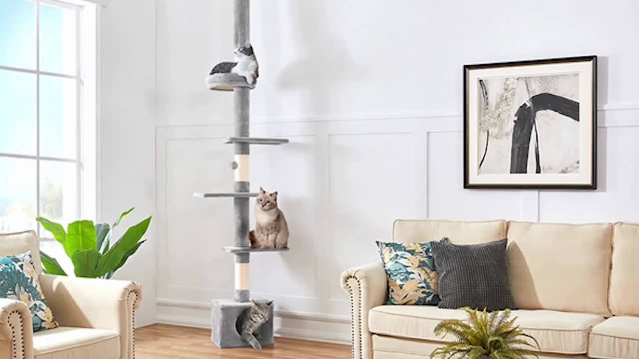 Costoffs Cat Tree, Floor-to-Ceiling Cat Tree Tower, 226-266cm Adjustable Large Height Cat Tree, Tall Cat Tree with 4 Perches and Scratching Posts For Small Medium-Sized Cats