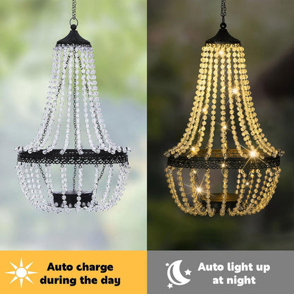 Taylor & Brown 28" Tall Hanging Solar Powered Acrylic Crystal Chandelier Light Lantern Modern Outdoor Garden Meadow with 30 Cool White LED Lights for Yard, Patio and Gazebo Decorations