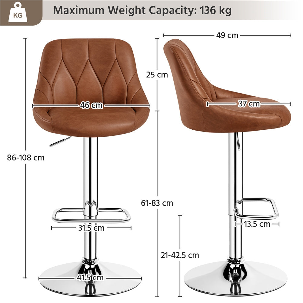Costoffs 2PCS Bar Stools Faux Leather Swivel Barstools, Height Adjustable, Modern Bar Chairs with Ergonomic Backrest, Cushioned Seat, Chrome Footrest for Home Kitchen Island Bar Counter, Dark Grey/Black/Retro Brown/White/Light Grey