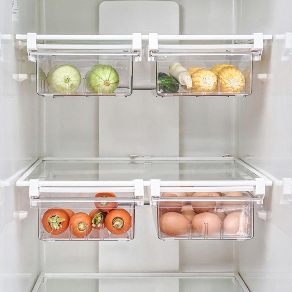 Fridge Organiser Pull-Out Drawer – Clear Under-Shelf Refrigerator Storage Box with Sliding Rail, Stackable Space-Saving Bin for Kitchen Fridge, Freezer & Cabinet, Fits 30-44cm Shelves, 30.5 x 20 x 9.5cm