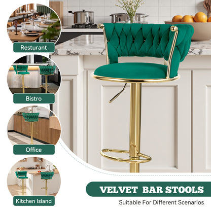 2pcs Modern Swivel Woven Velvet Bar Stools/360° Swivel Adjustable Height with Backs Golden Metal Tall Bar Stools Counter Height for Kitchen Island/for Christmas, Festival, New Year's Gift