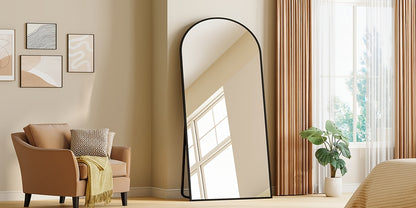 Arched Floor Mirror with Stand | Tempered Glass, Aluminium Alloy Frame, Black, Modern Style, Suitable for Bedroom and Living Room Entry, Vertical Orientation, HZUANERI Brand