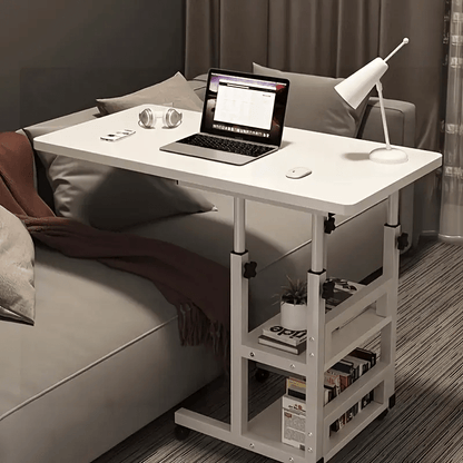 1pc Adjustable Height White Bedside Table, Multifunctional Shelf Table with Four Black Wheels, 360° Swivel - for Home, Dormitory - Portable Laptop Stand, Mobile Desk, Lazy Boy Table