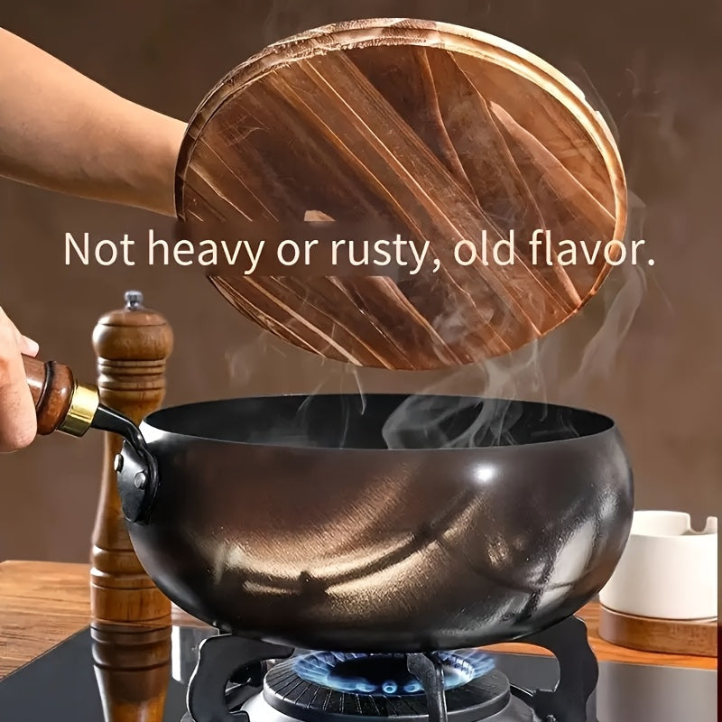 Professional Handmade Cast Iron Dutch Wok - Uncoated, Wooden Lid, Multi-Purpose Wok, Frying Pan Stock Pot Anti-Splatter Oven & All Stove Compatible Durable, Even Heating for Healthy
