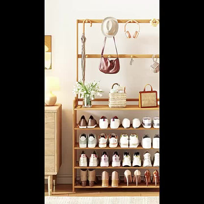 Bamboo Shoe Rack with Clothes Hanger Rail – Multi-Layer Freestanding Shoe Cabinet & Clothes Storage Organiser for Hallway, Bedroom & Dormitory | Space-Saving Floor Standing Shelf