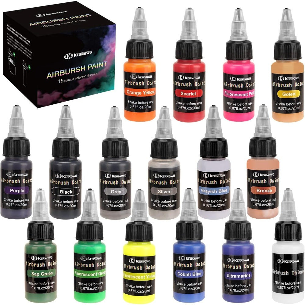 Airbrush Paint with 20ml, Acrylic, Water-Based Acrylic or Colours Thinner Bottles - 15 Colors + 1 Thinner option