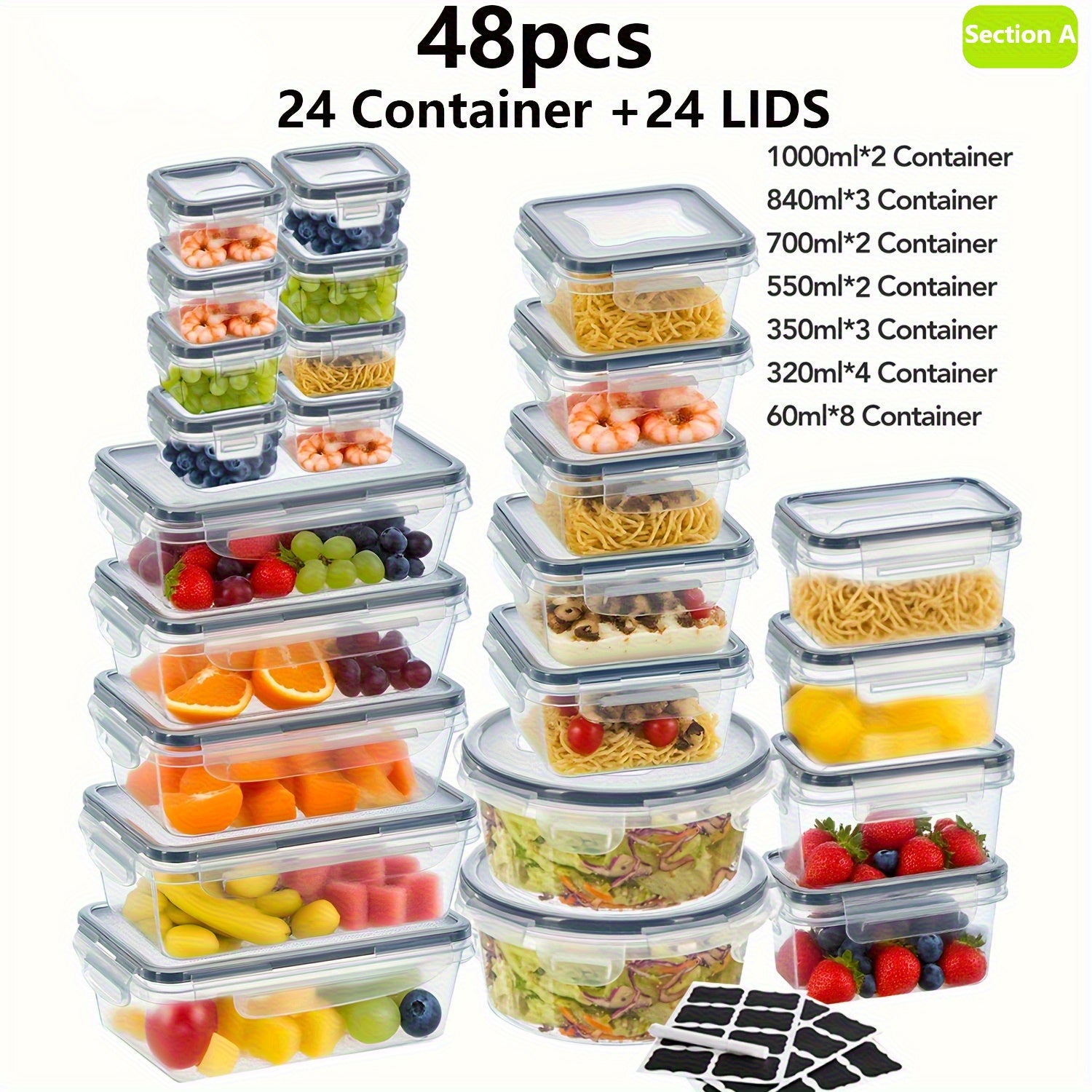 Airtight Food Container Set with 48 Pieces, Stackable Containers or Pieces - Section A option