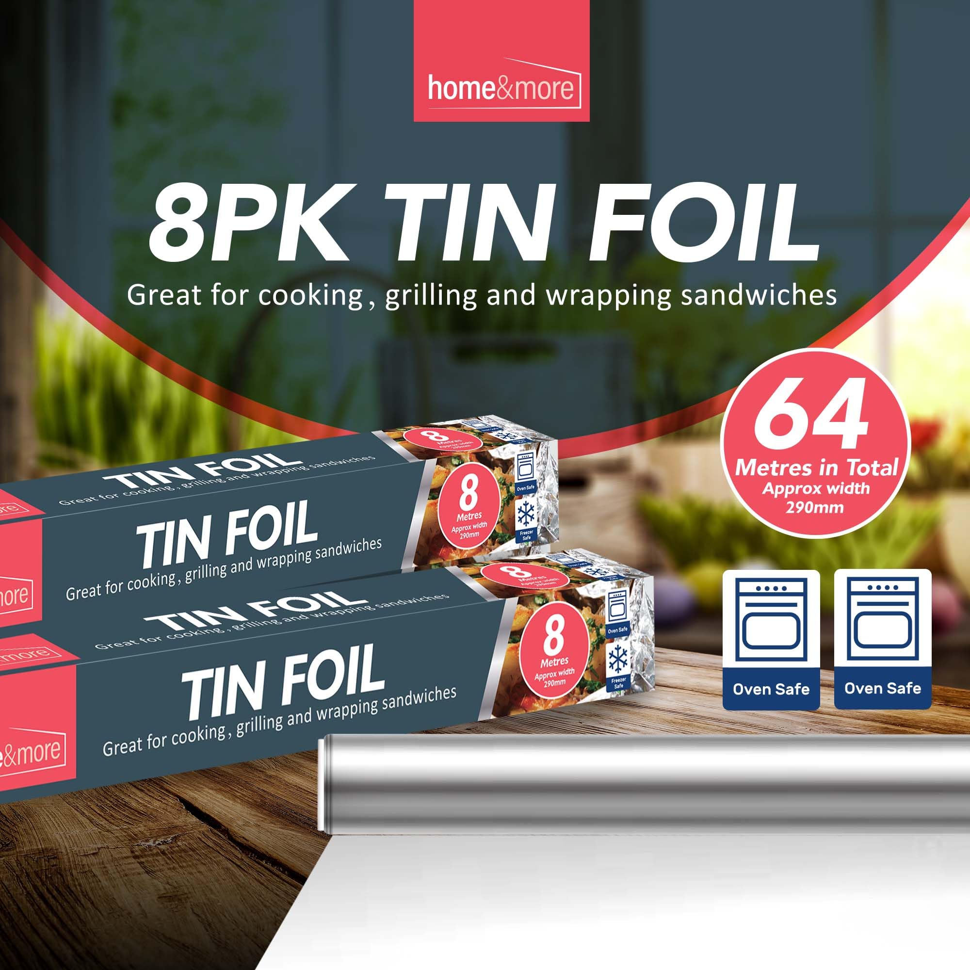 Aluminium Foil Roll with 64m, 29cm, 8 Pack, 64m Kitchen Cutter 8m Non-Stick Silver - product gallery image 3