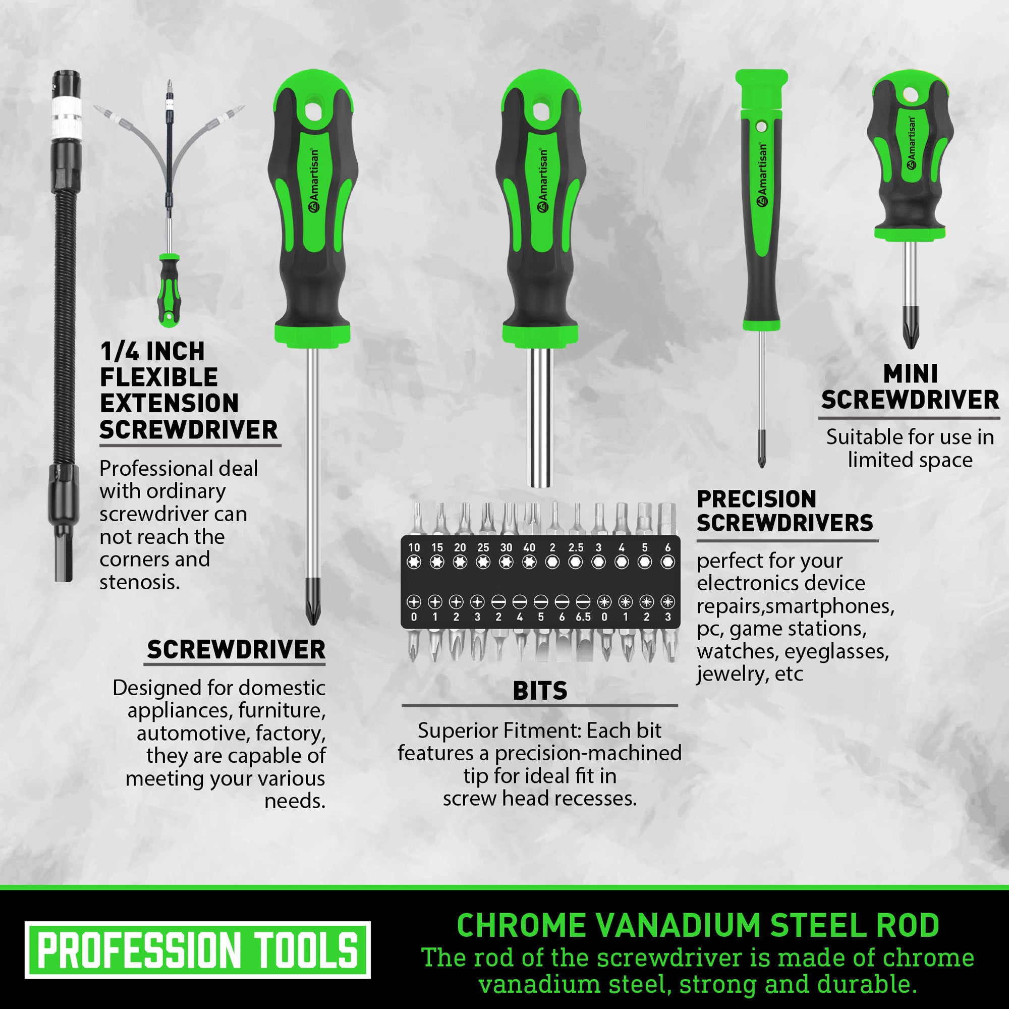 Amartisan 43pcs Magnetic Screwdriver Set with Case, Chrome Vanadium Steel, Includes - product gallery image 3