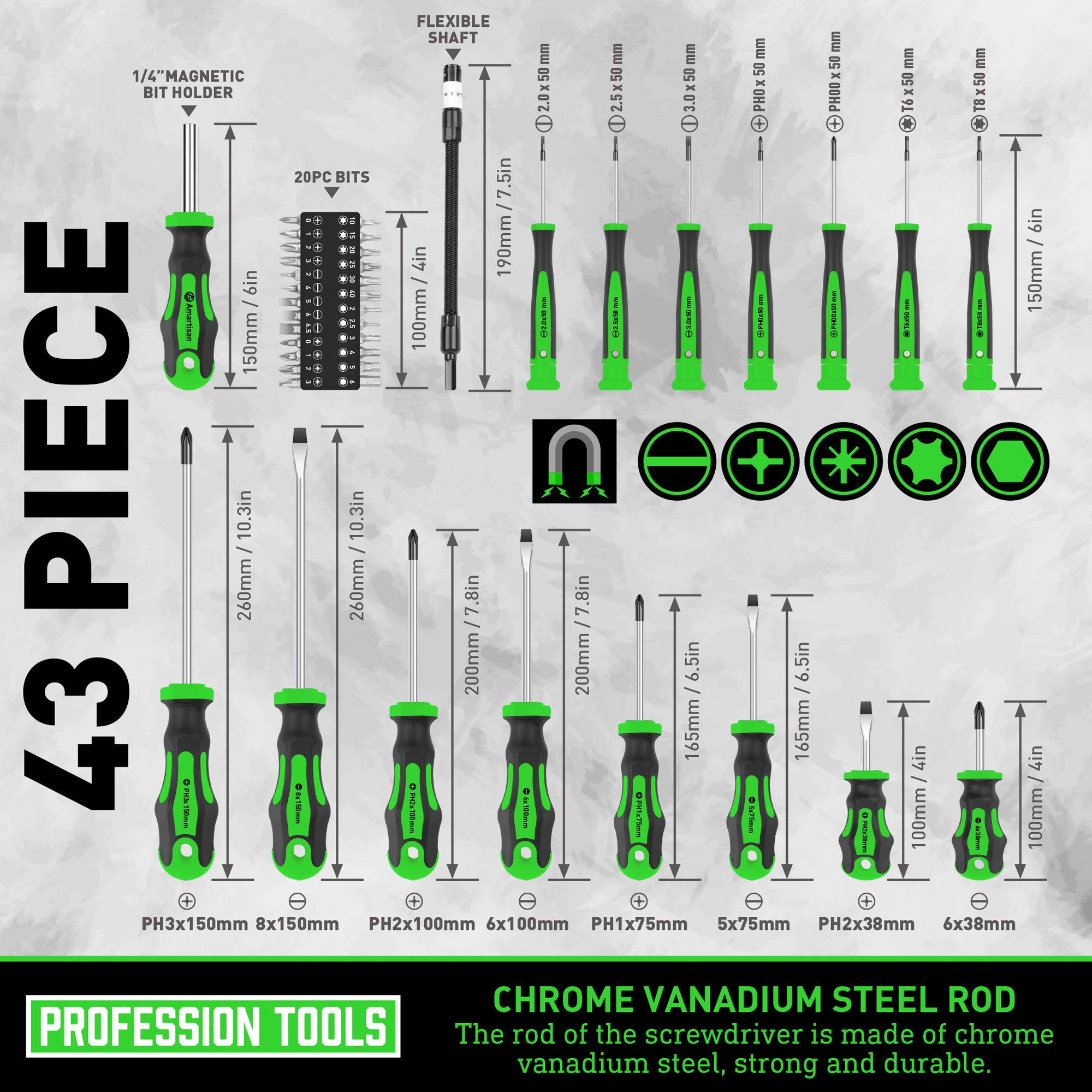 Amartisan 43pcs Magnetic Screwdriver Set with Case, Chrome Vanadium Steel, Includes - product gallery image 7