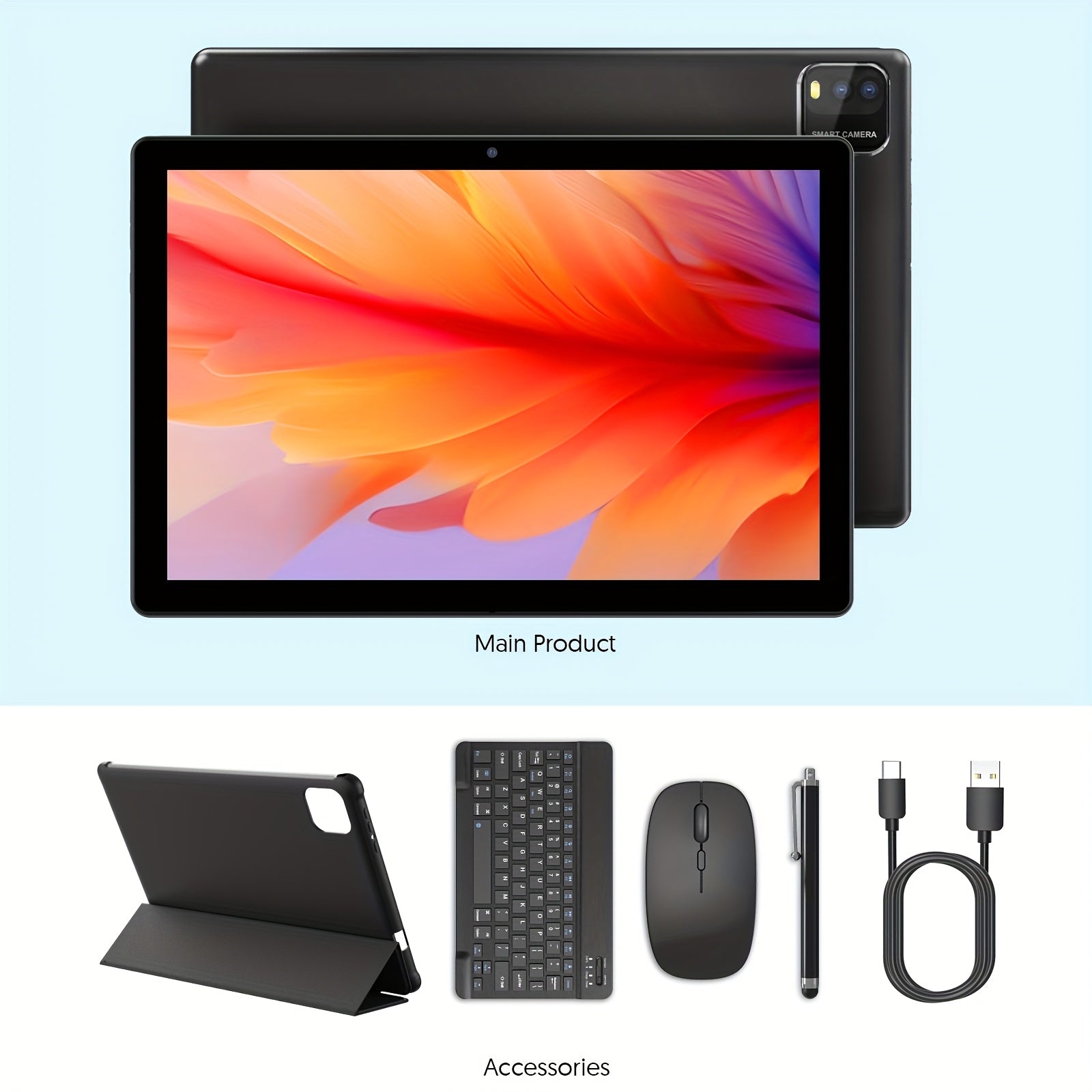 Android Tablet 10.1 Inch 12GB RAM 64GB ROM with Leather, 3GB+64GB - Black tablet with keyboard set, 3GB+64GB option