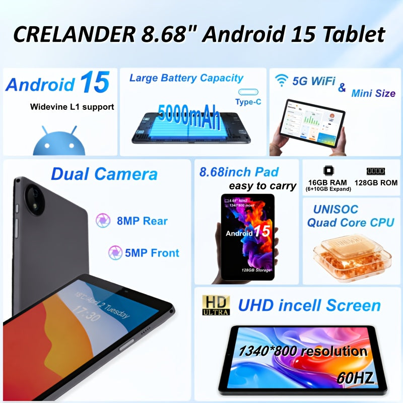 Android Tablet CRELANDER 8.68 Inch 16GB RAM 128GB for travel - product gallery image 3