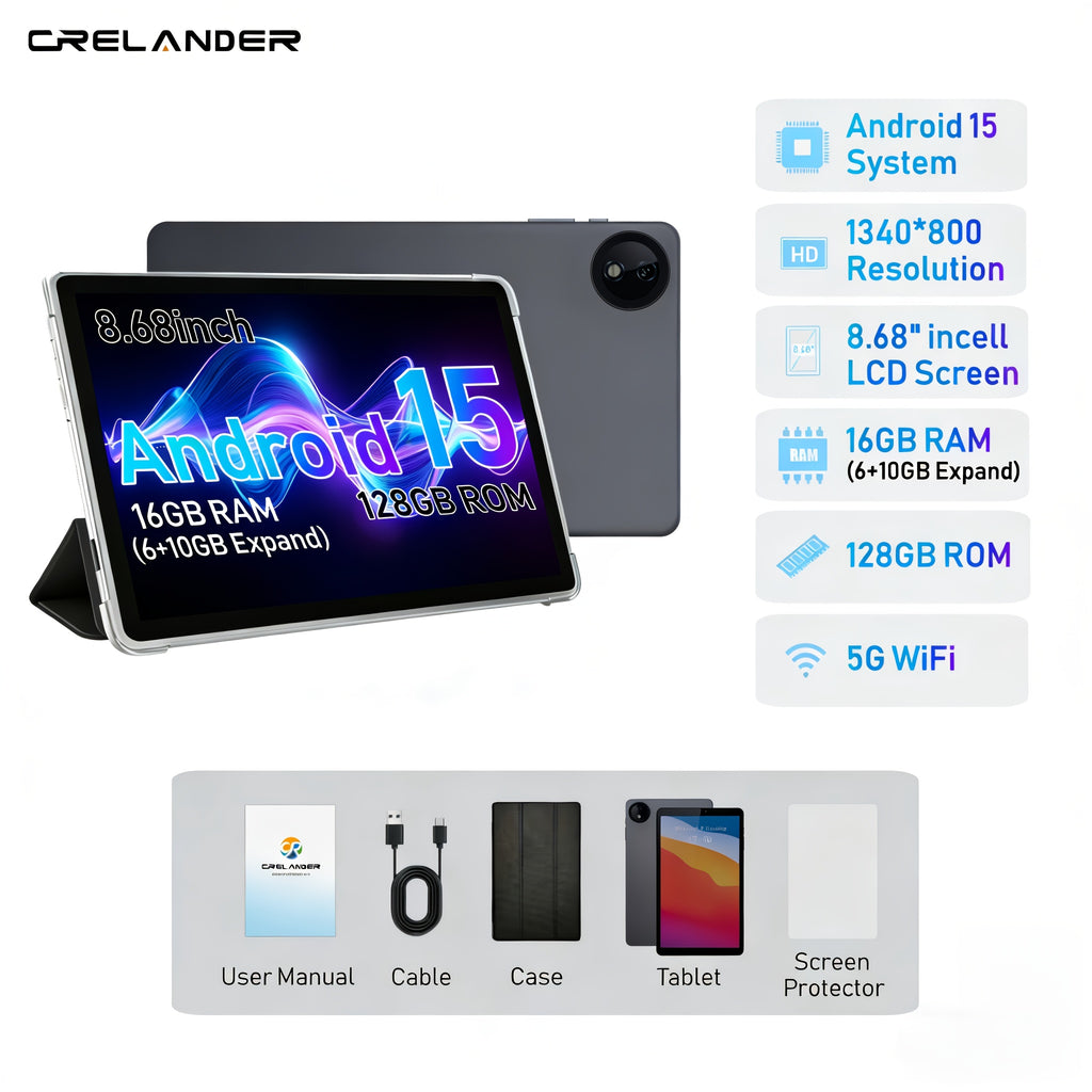 Android Tablet CRELANDER 8.68 Inch 16GB RAM 128GB for travel